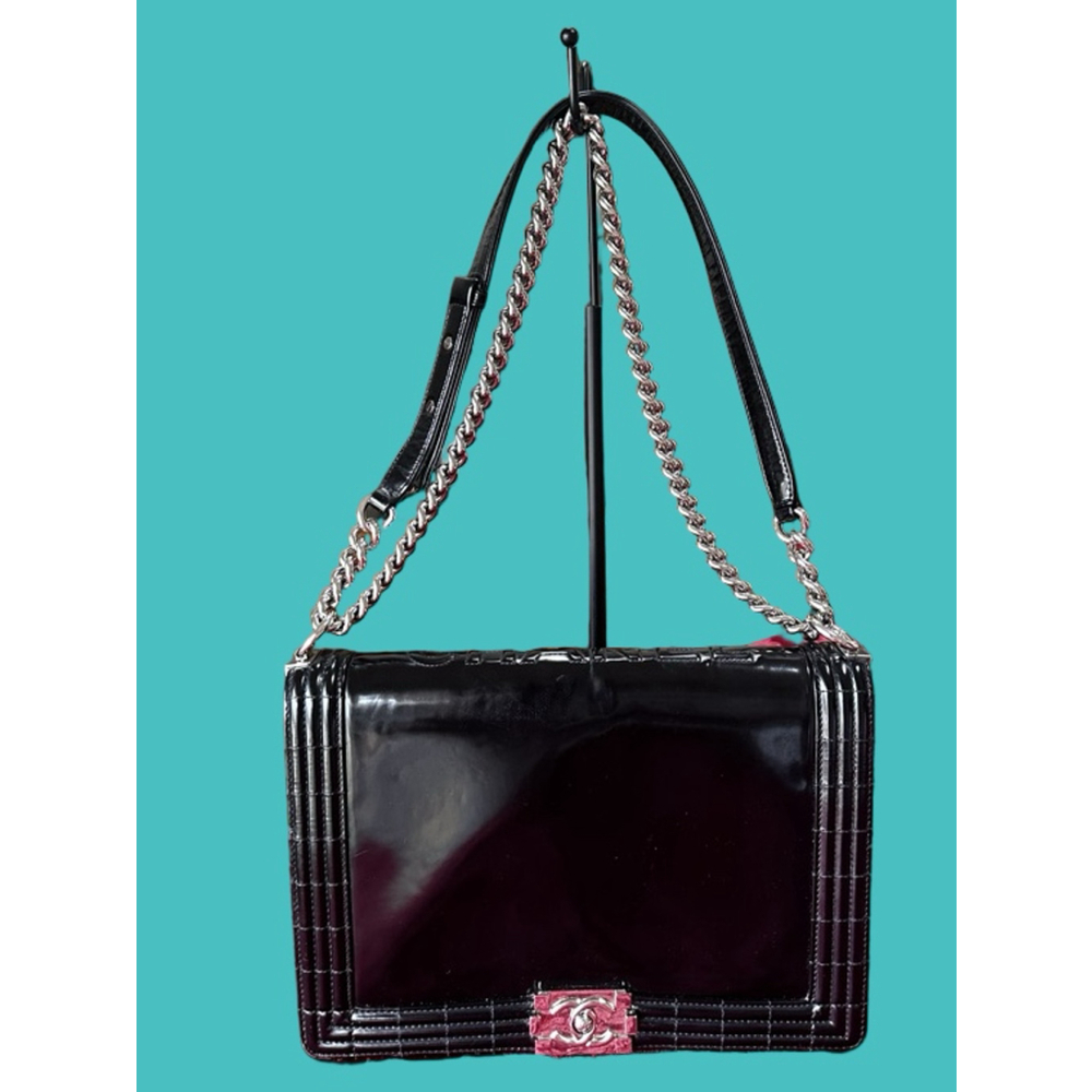Chanel Black Patent Leather & Silver Large Boy Bag